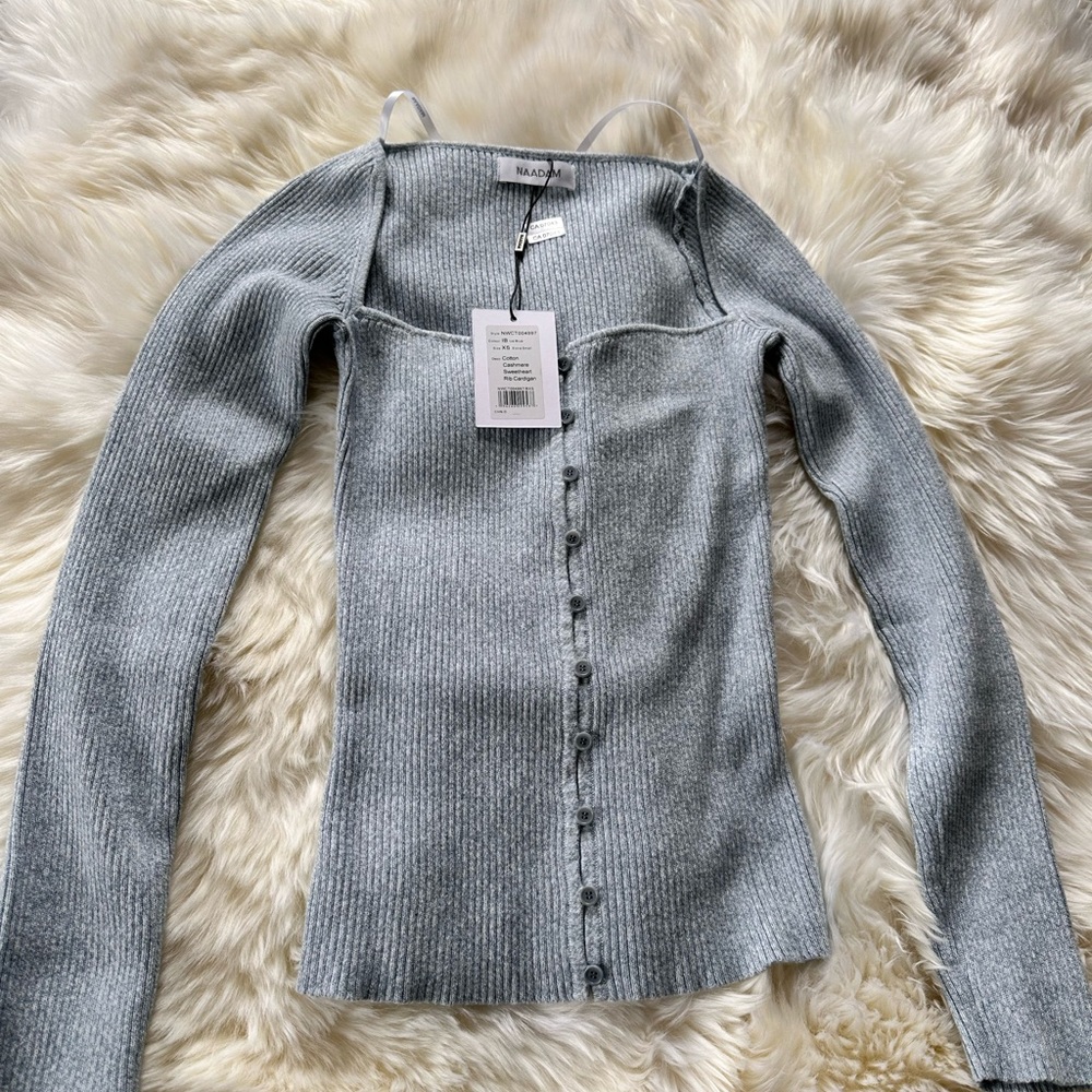 Naadam Cotton Cashmere Sweetheart Rib Cardigan Ice Blue